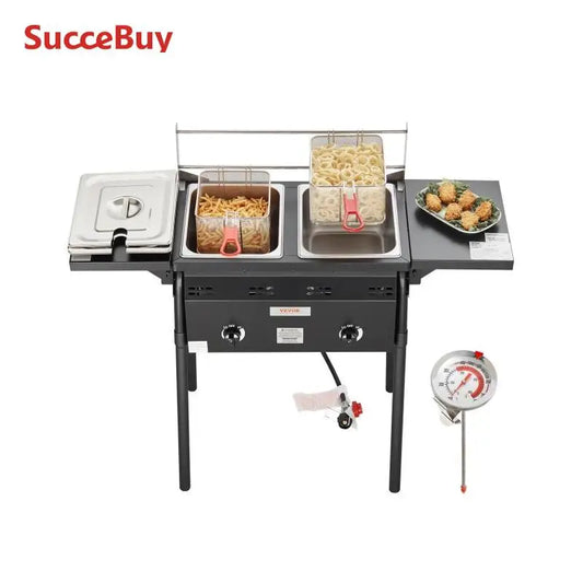 SucceBuyOutdoor Propane Deep Fryer Double Burners Commercial Fryer16Qt Stainless Steel Cooker Oil Fryer Cart For Outdoor Cooking