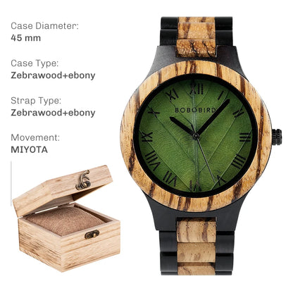 BOBO BIRD Men's Wood Watch with Genuine Leaf, Original Wooden Clock, Customized Watch, Handmade Watch, Anniversary Gift for Man