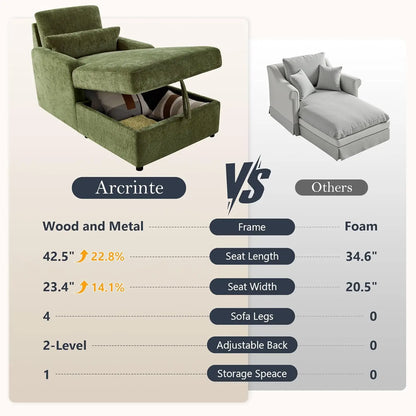 Chaise Lounge Chair Indoor with 2-Position Adjustable Backrest & Storage Space, Chenille Lounge Sofa Chair with 2, Customized