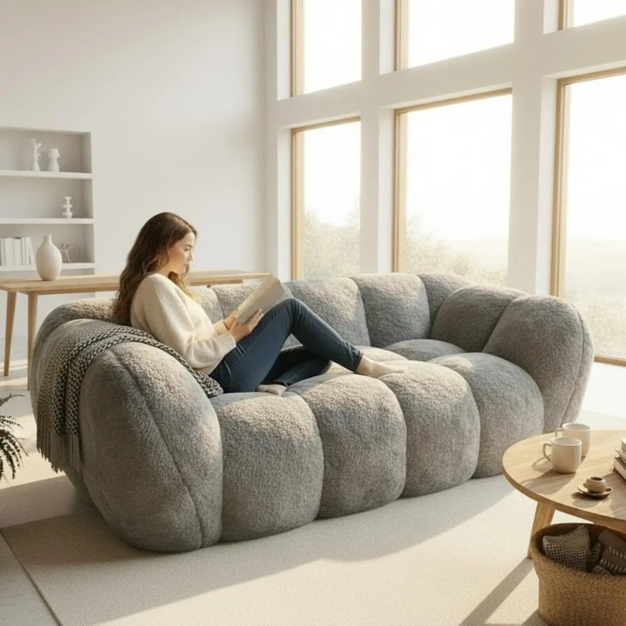 Giant Fluffy Bean Bag Chair with Armrest Ultra Soft Faux Fur Loveseat Floor Chair Living Room Bedroom Grey Customized