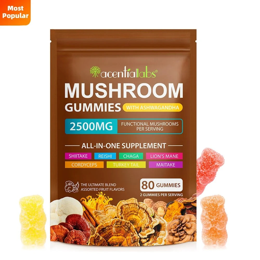 Mushroom Complex Gummies 2500mg Blend with Lion's Mane Reishi Chaga Cordyceps & Ashwagandha for Brain Focus Memory Clarity 80 Ct