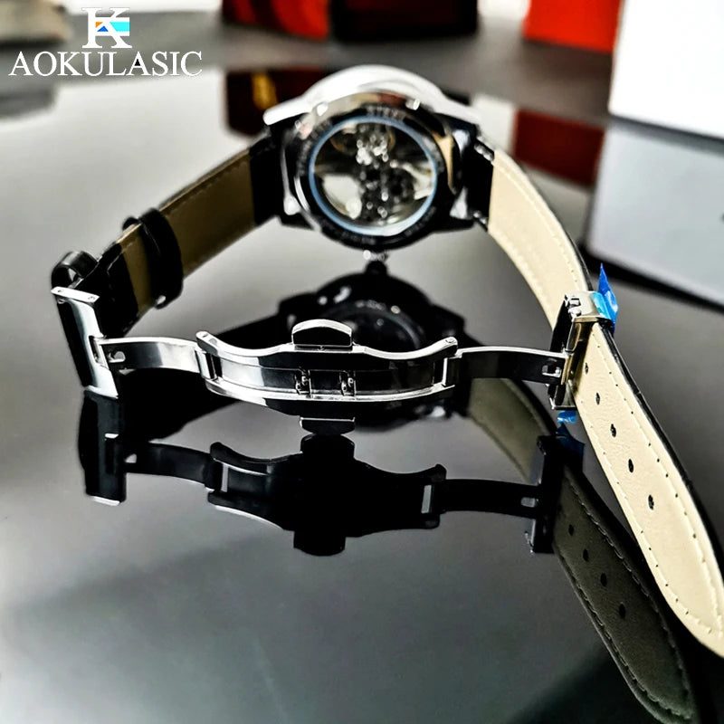 AOKULASIC Luxury Leather Men Automatic Machinery Watch Retro Dial Design Double-Sided Hollow Out Tourbillon Waterproof Men Watch