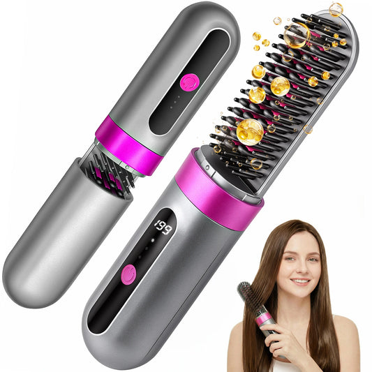 Cordless Hair Straightener Brush, Portable Ionic Anti-Frizz Hair Straightening Comb with 3 Temperature Settings, Fast Heating, 4000mAh Type-C Rechargeable Travel Hair Styling Tool