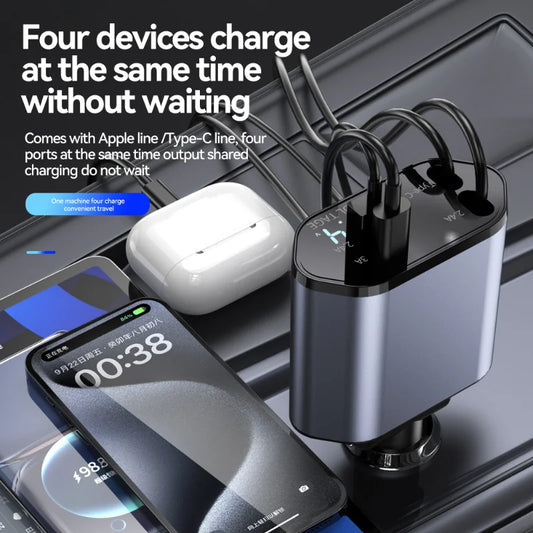Car Charger 4 in 1 Fast Charging Car Charger 120W Retractable Cable 2 USB Ports Cars Charger Adapter Compatibles Car Accessories