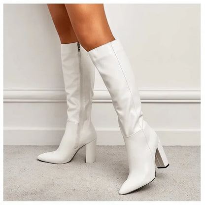 Sexy Pointed Toe Side Long Zipper Knight Boots Fashion Soft Leather Knee-high Women Boot Square High-heeledclub Dance Party Shoe