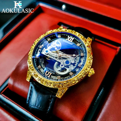 AOKULASIC Luxury Leather Men Automatic Machinery Watch Retro Dial Design Double-Sided Hollow Out Tourbillon Waterproof Men Watch