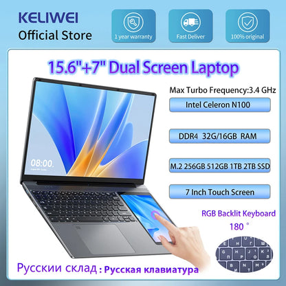 15.6"+7" Dual Screen Laptop Intel Celeron N100 32GB 16GB DDR4 RGB Backlit Keyboard Computer Notebook Laptops Touch Screen