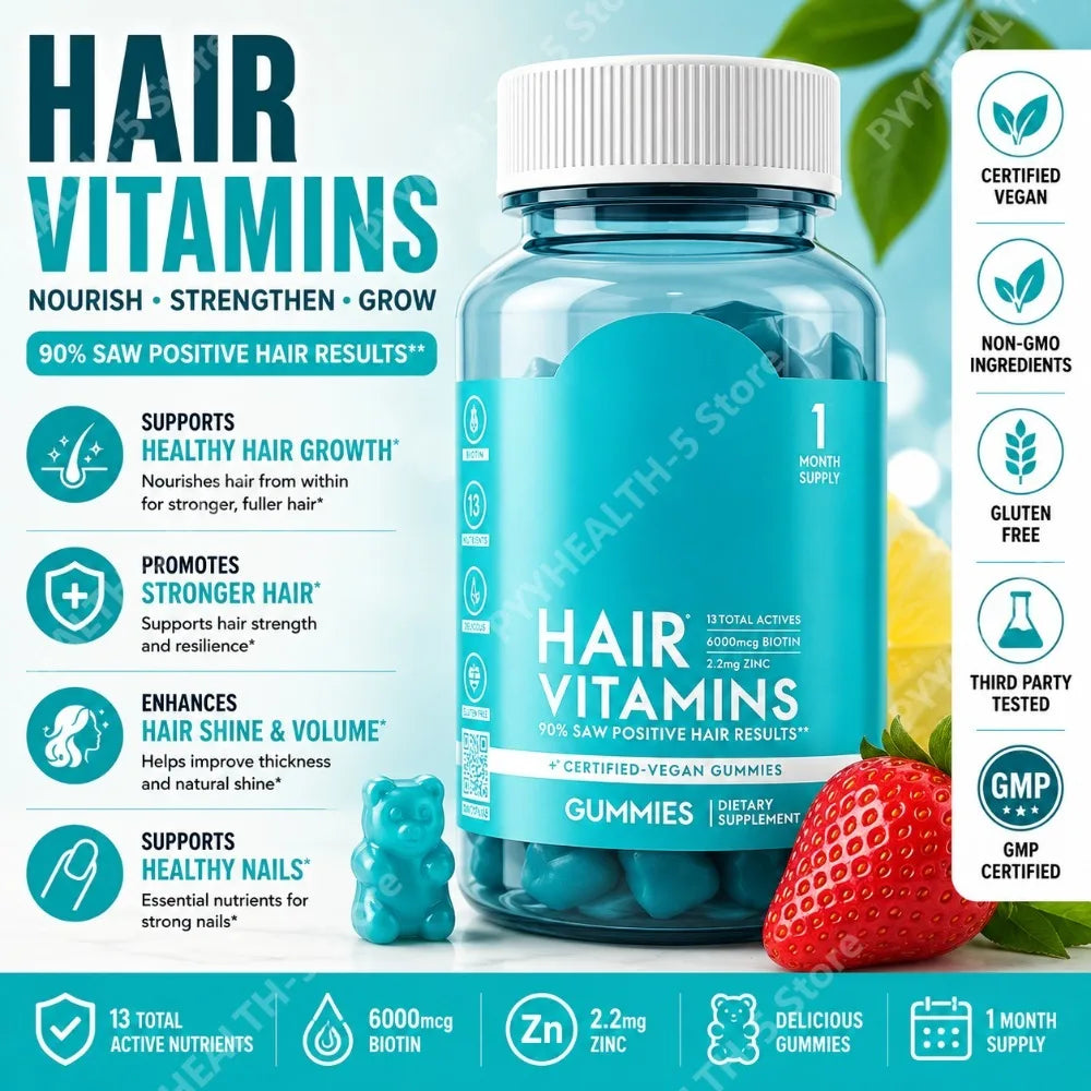 Biotin Hair Skin Nails Gummies 6000mcg, Vegan Daily Beauty Supplement with B12 Zinc Iodine MSM Inositol, 60 Count