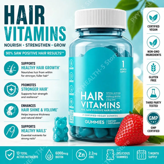 Biotin Hair Skin Nails Gummies 6000mcg, Vegan Daily Beauty Supplement with B12 Zinc Iodine MSM Inositol, 60 Count