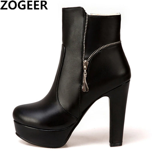Fashion Women's Ankle Boots High Heels Platform Motorcycle Boot Zipper Yellow Black White Short Shoes Female Large Size 45 48
