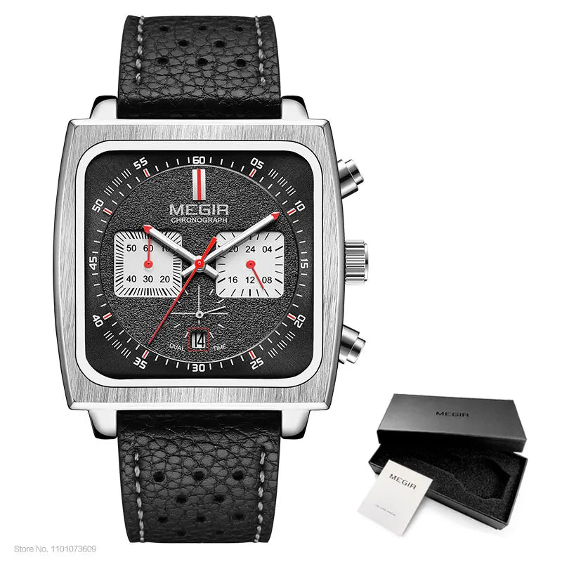 MEGIR Square Dial Chronograph Quartz Watches for Men Fashion Blue Leather Strap Casual Sport Wristwatch with Date 24-hour 2182