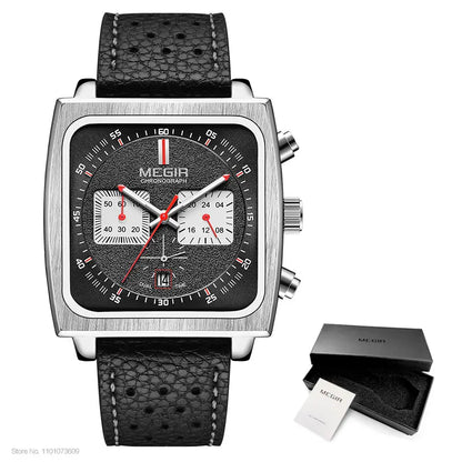 MEGIR Square Dial Chronograph Quartz Watches for Men Fashion Blue Leather Strap Casual Sport Wristwatch with Date 24-hour 2182