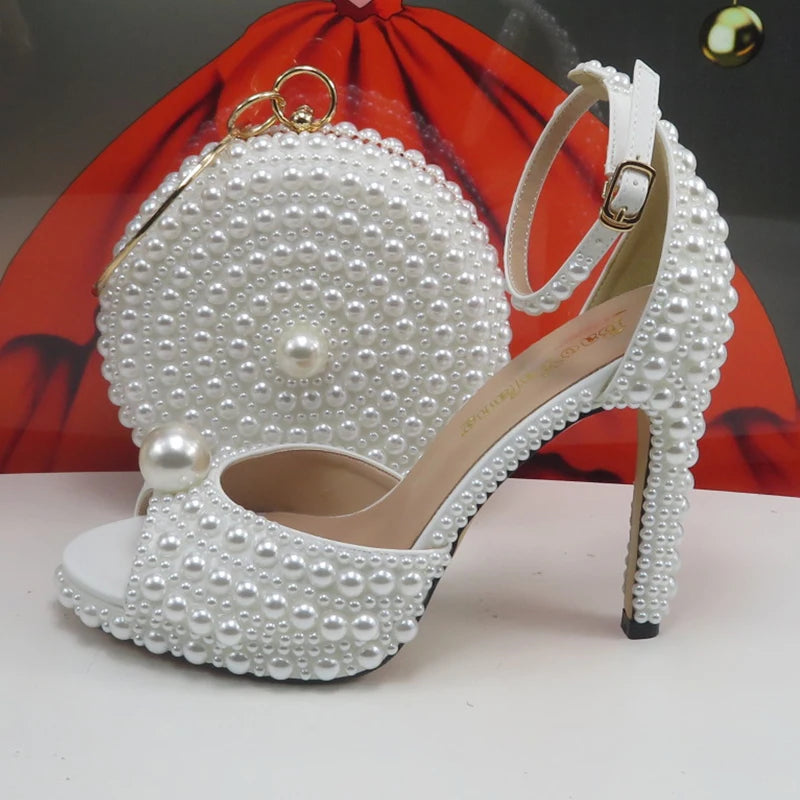 2024 New Arrival Customized White Female Sandals Bridal shoe bag set woman Thin Heel Big Pearl Girls fashion Sandals party Shoes