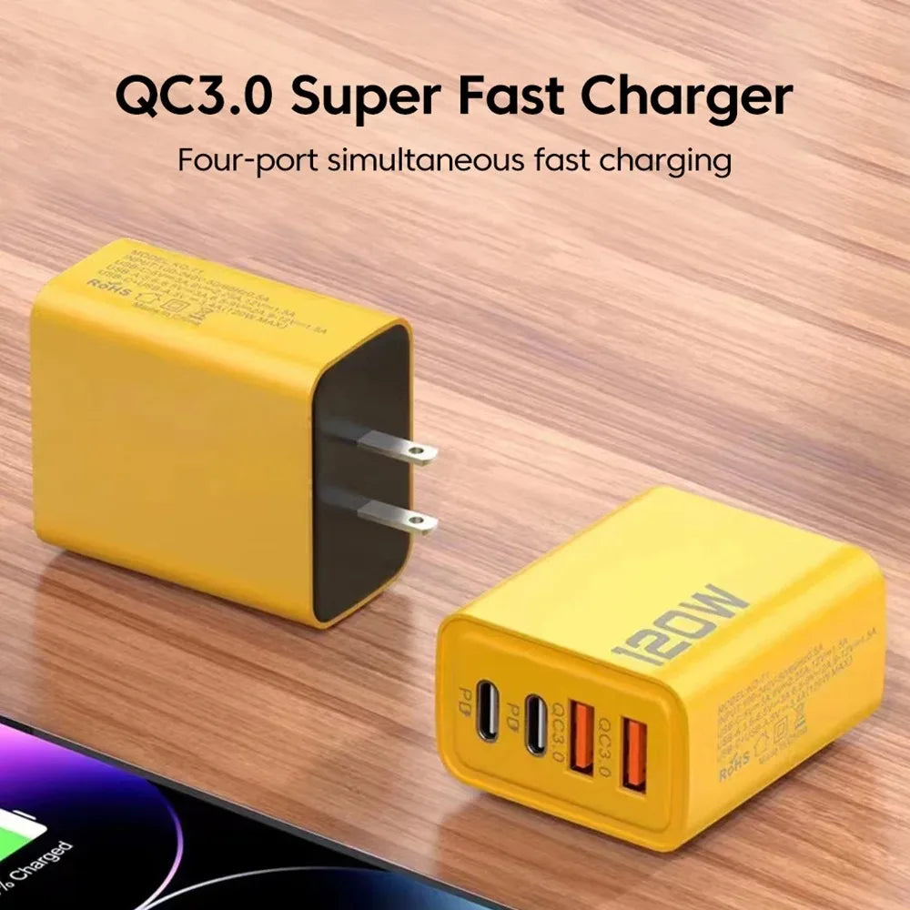 Total 120W USB Fast Charger 4 Ports PD Type C Quick Charge 3.0 Charger For iPhone 15 14 Samsung Xiaomi EU/US Plug Power Adapter