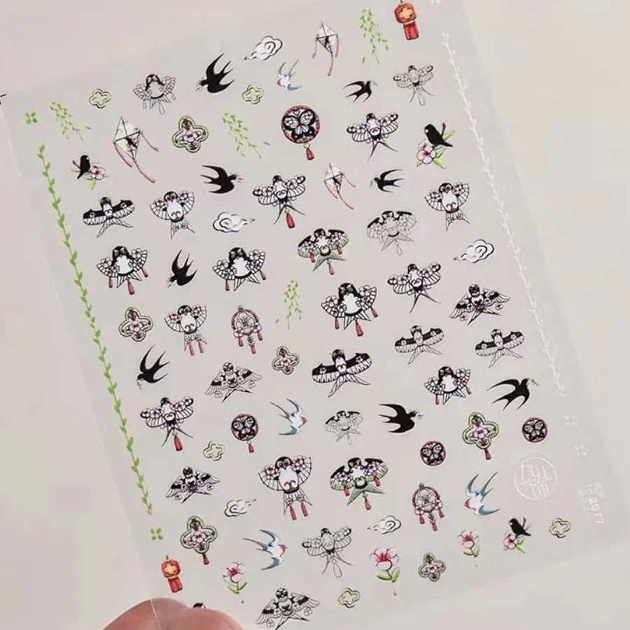 Nail Stickers Women Chinese Style Kite Swallow Bird 5D Decorations Slider Self Adhesive Nail Art Ornament Decals Sccessories DIY