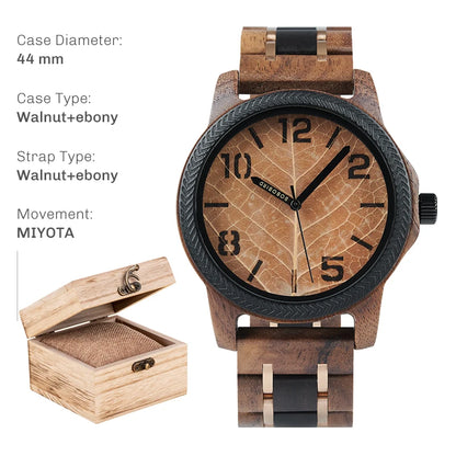 BOBO BIRD Men's Wood Watch with Genuine Leaf, Original Wooden Clock, Customized Watch, Handmade Watch, Anniversary Gift for Man