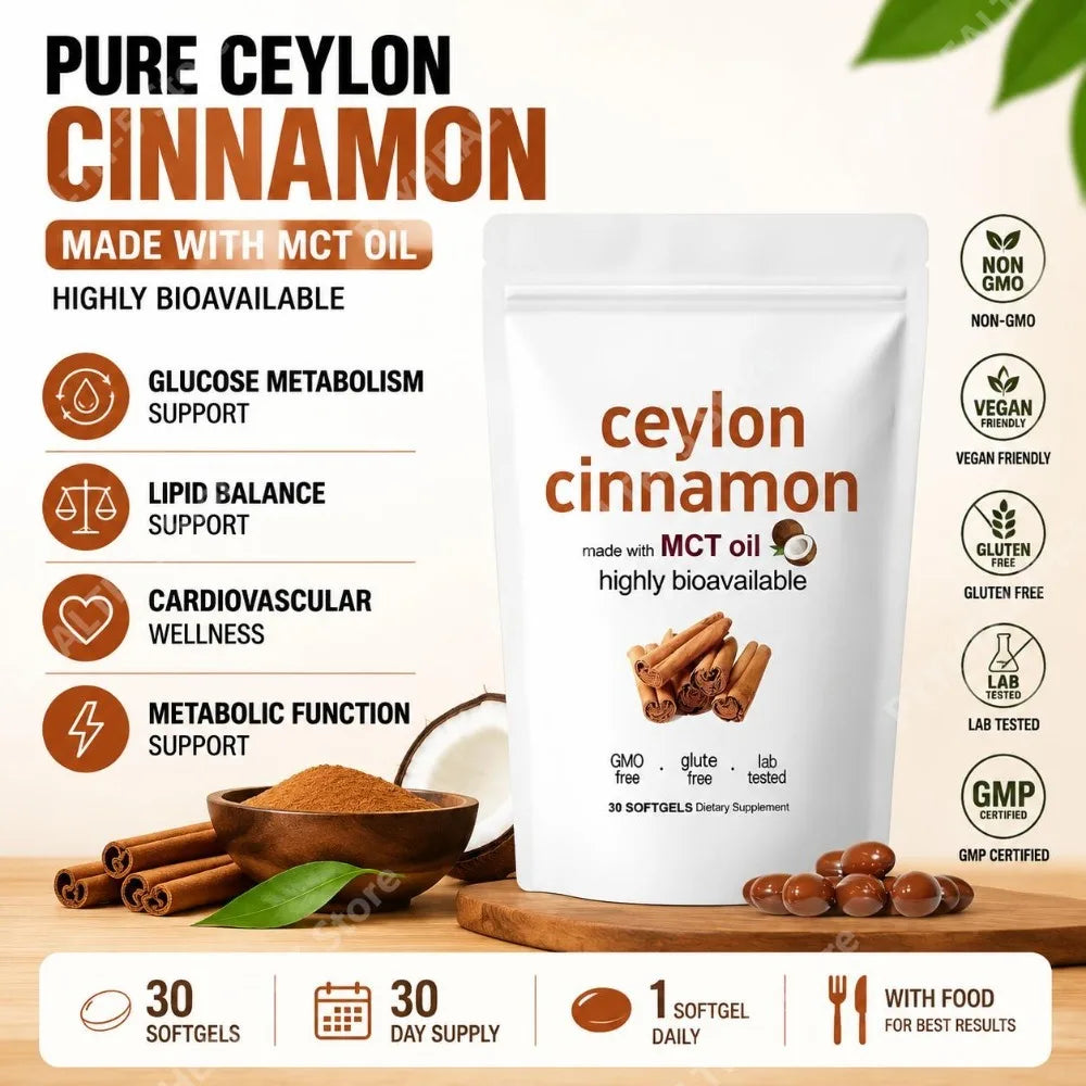 Ceylon Cinnamon Softgels, 600 Mg Ceylon Cinnamon Extract (12:1) for Glucose Metabolism Support and Lipid Balance, 30 Softgels