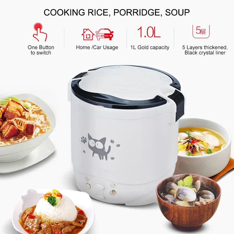 1L Car Mini Rice Cooker Multi-function Electric Water Food Heater Machine Lunch Box Warmer 2 Persons For Home Car SUV Truck