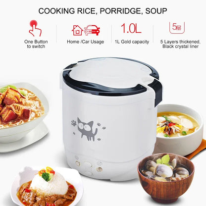 1L Car Mini Rice Cooker Multi-function Electric Water Food Heater Machine Lunch Box Warmer 2 Persons For Home Car SUV Truck