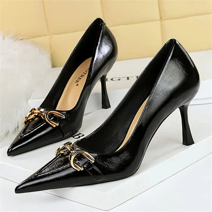 Women 8cm High Heels Stiletto Pumps Pointed Toe Wine Red Middle Heels Office Lady Metal Chain Leather Wedding Prom Replica Shoes