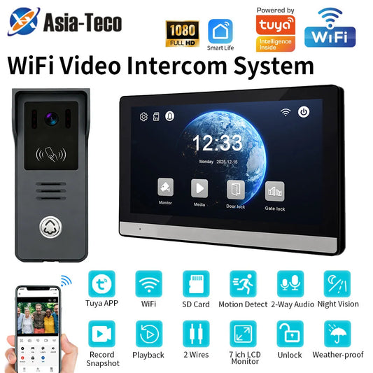 2-Wire Digital Video Intercom System 7 Inch Wireless WIFI APP Monitor 1080P Doorphone Camera Video Doorbell Card work with tuya