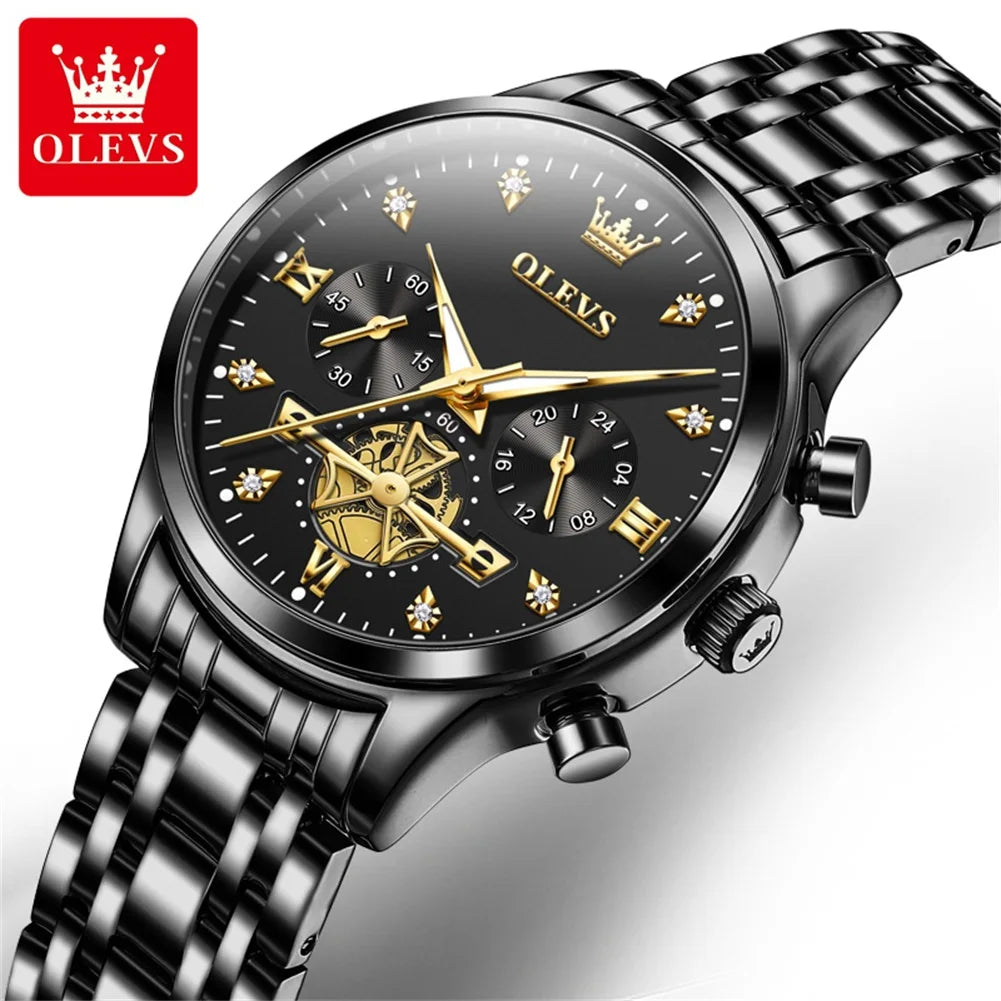 OLEVS Top Brand Couple Watches Stainless Steel Waterpoof Chronograph Moon Phase Flywheel Design Lover's Wristwatch for Men Women