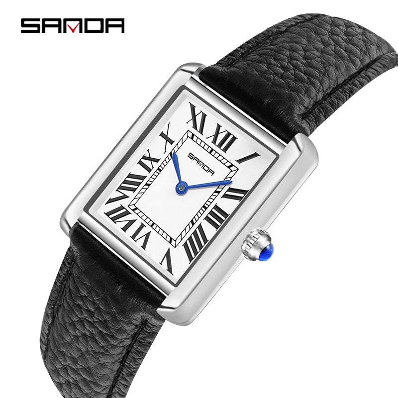 SANDA Men Women Rectangular Quartz Wrist Watches for Casual Ladies Stainless Watches Luxury Leather Lovers Gift Box Clock - Merit Sell