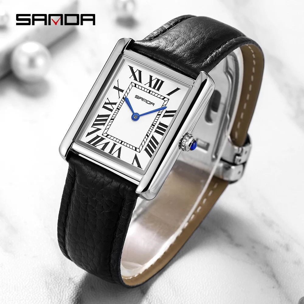 SANDA Men Women Rectangular Quartz Wrist Watches for Casual Ladies Stainless Watches Luxury Leather Lovers Gift Box Clock - Merit Sell