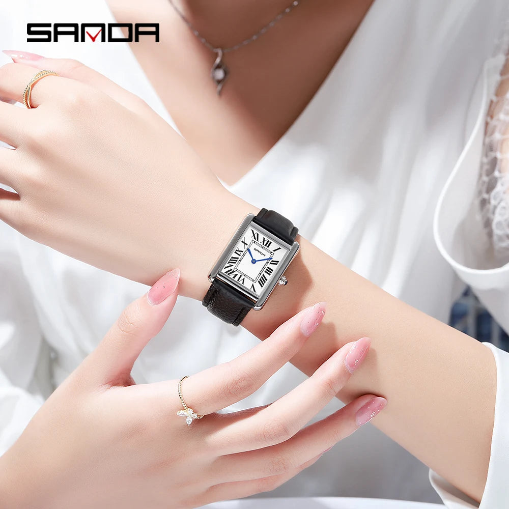 SANDA Men Women Rectangular Quartz Wrist Watches for Casual Ladies Stainless Watches Luxury Leather Lovers Gift Box Clock - Merit Sell