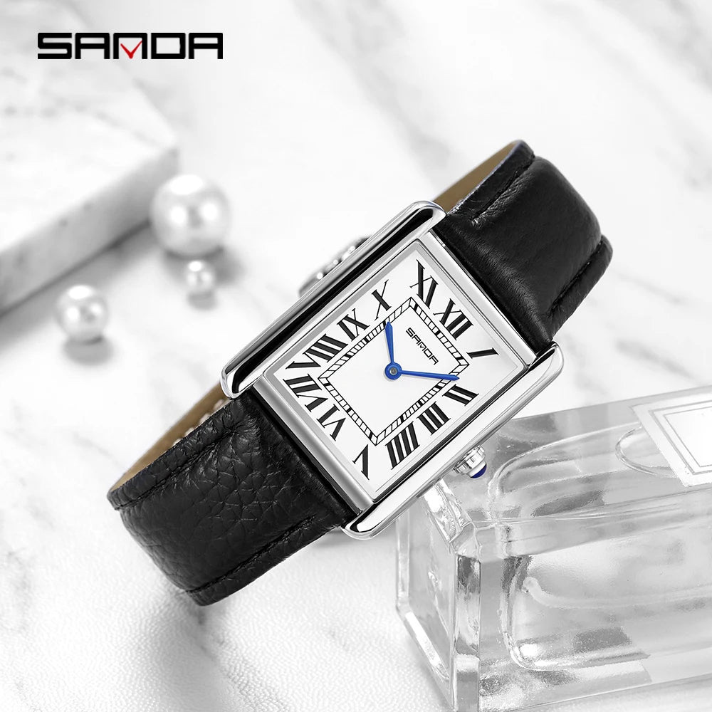 SANDA Men Women Rectangular Quartz Wrist Watches for Casual Ladies Stainless Watches Luxury Leather Lovers Gift Box Clock - Merit Sell