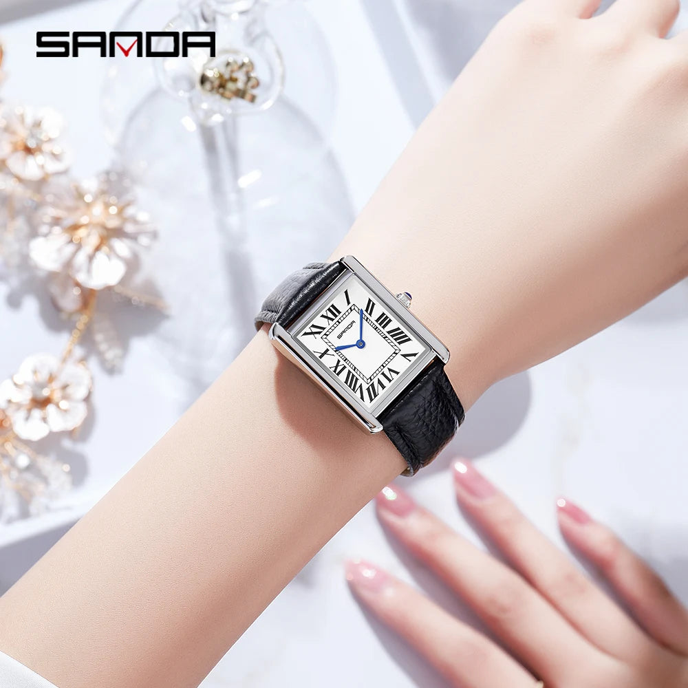 SANDA Men Women Rectangular Quartz Wrist Watches for Casual Ladies Stainless Watches Luxury Leather Lovers Gift Box Clock - Merit Sell