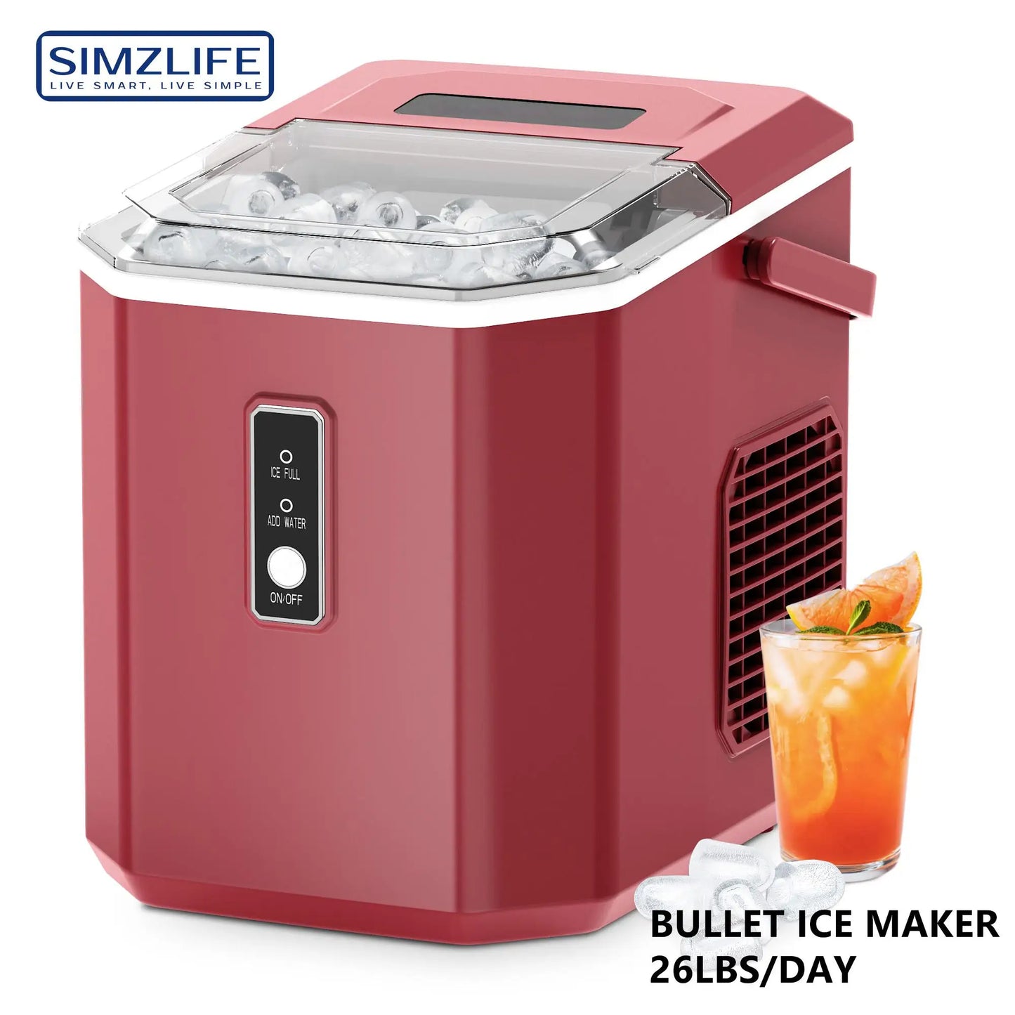 SIMZLIFE Ice Maker Countertop , 26.5 lbs/24H, 9 Cubes in 6 Mins,Self-Cleaning, Portable Ice Maker with Handle for Home,Red - Merit Sell