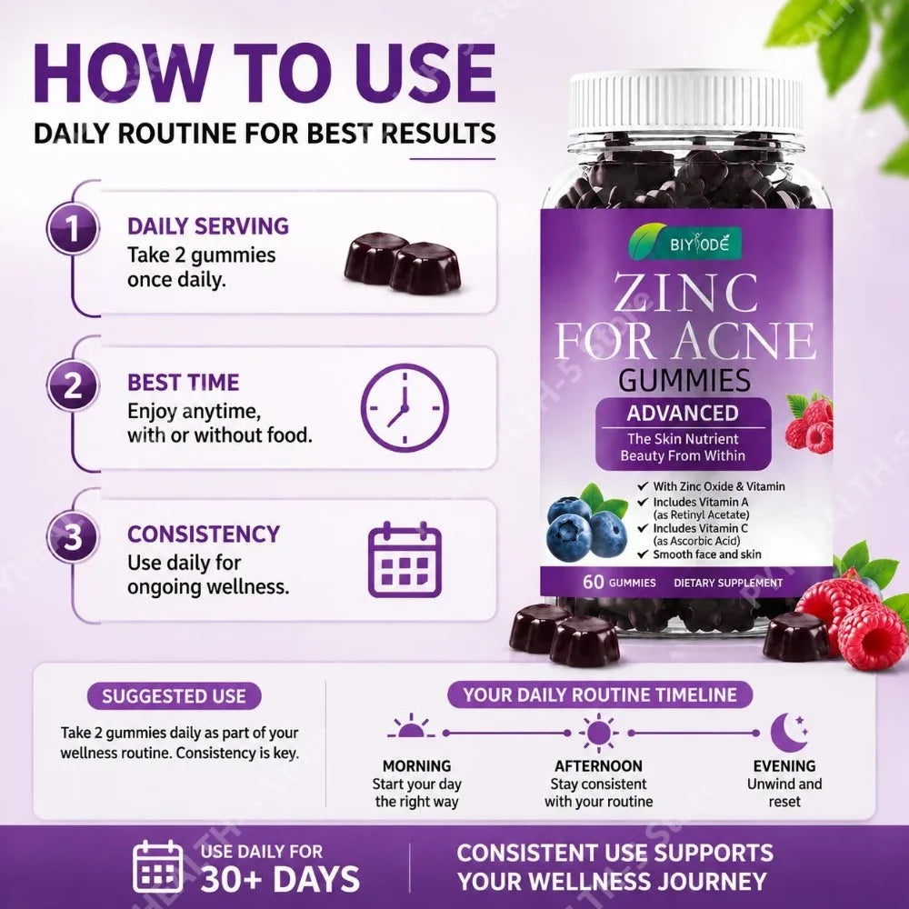 BIYODE Advanced Zinc Oxide Gummies with Vitamin A Retinyl Acetate and Vitamin C Ascorbic Acid, Smooth Face and Skin, 60 Gummies