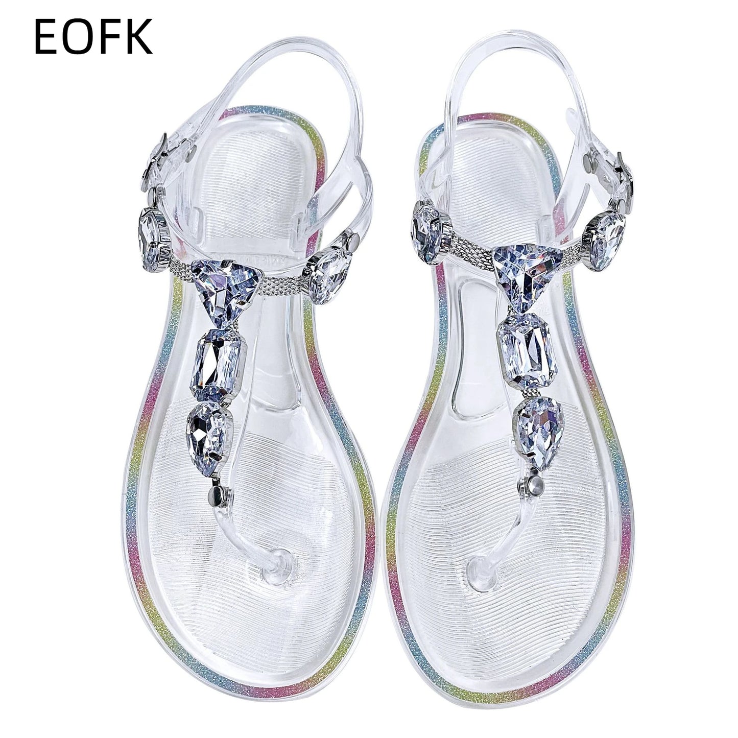 Women's Rhinestone T-Strap Clip Toe Jelly Flip Flop Sandals Summer Buckle Non-Slip Clear Crystal Thong Flat  for Beach Daily