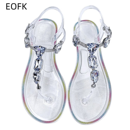 Women's Rhinestone T-Strap Clip Toe Jelly Flip Flop Sandals Summer Buckle Non-Slip Clear Crystal Thong Flat  for Beach Daily
