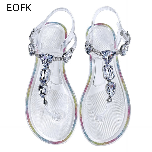 Women's Rhinestone T-Strap Clip Toe Jelly Flip Flop Sandals Summer Buckle Non-Slip Clear Crystal Thong Flat  for Beach Daily