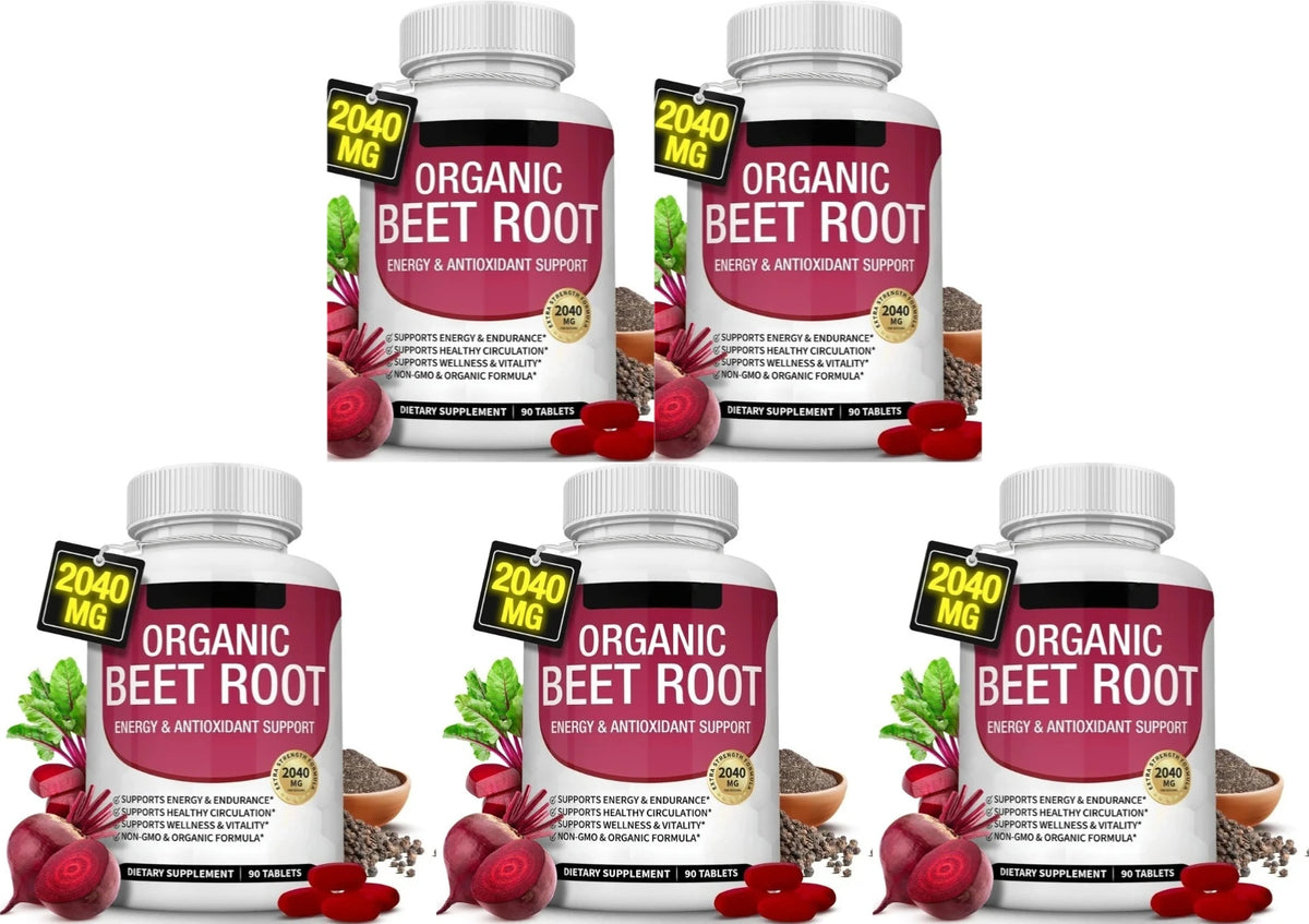 Organic Beet Root with Black Pepper Natural Energy Boost Immune Support Antioxidant Supplement Non-GMO Gluten Free 90 Tablets
