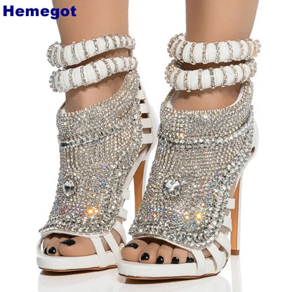New Ladies Luxury Gem Crystal Bling Sandals Summer Sexy Open Toe Fashion Rhinestone Sandals Party Dress Catwalk Thin High Heels