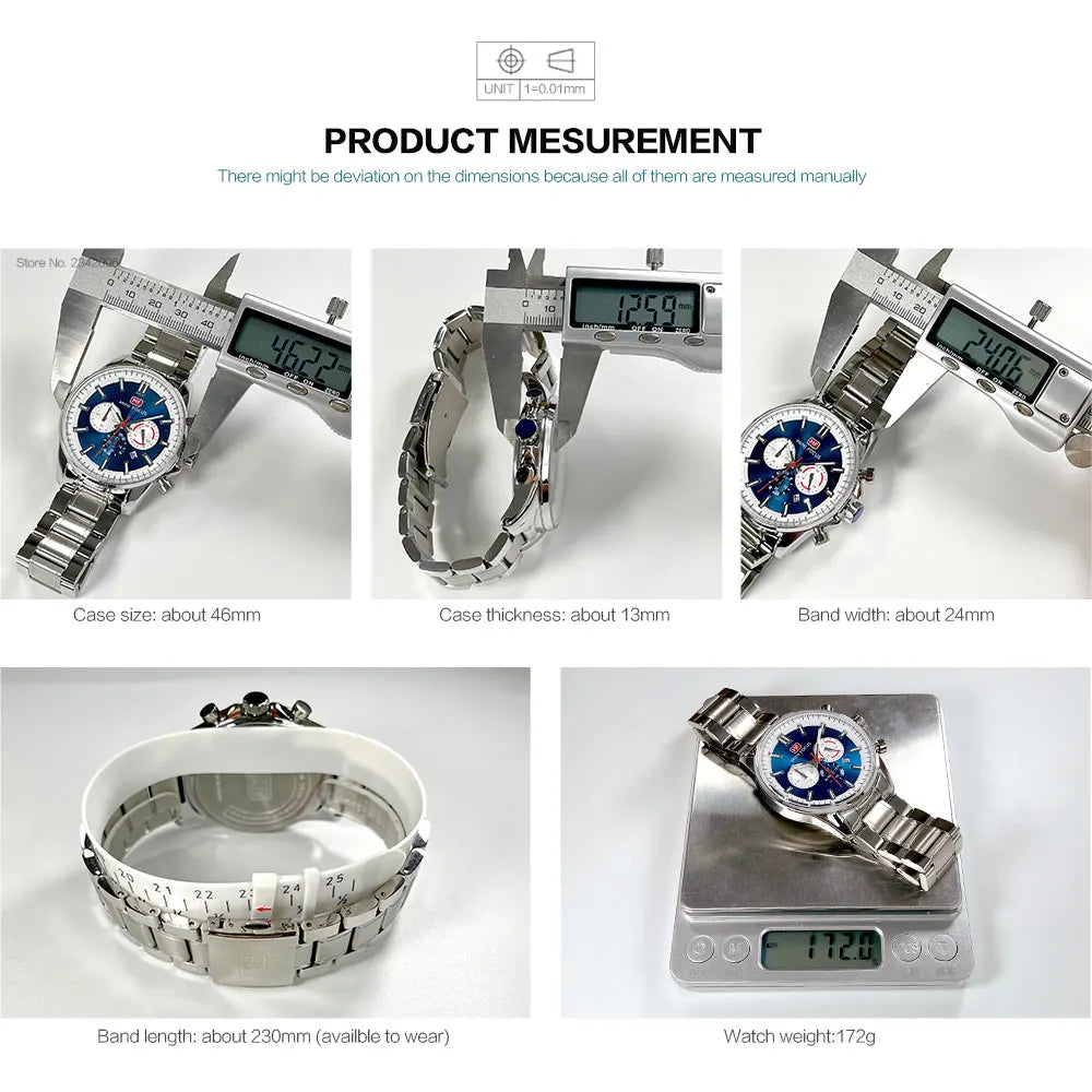 MINI FOCUS Chronograph Quartz Watch Men Silver Blue Waterproof Luminous Dress Wristwatch with Date Stainless Steel Strap 0469