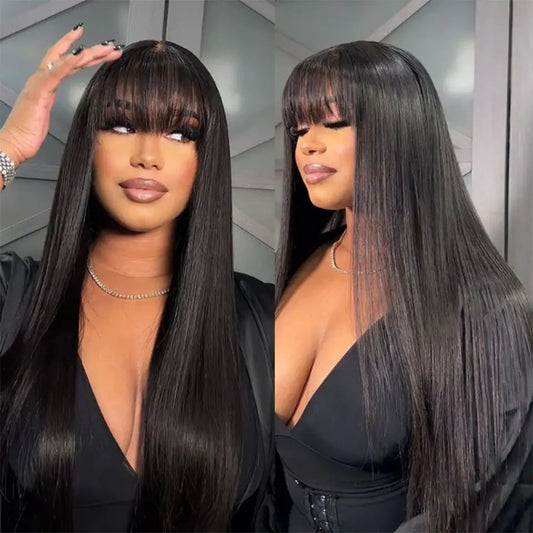 32 34Inch Straight Wigs Human Hair With Bangs Brazilian Virgin Human Hair Wigs Glueless Machine Made Wigs None Lace Front Wigs Merit Sell
