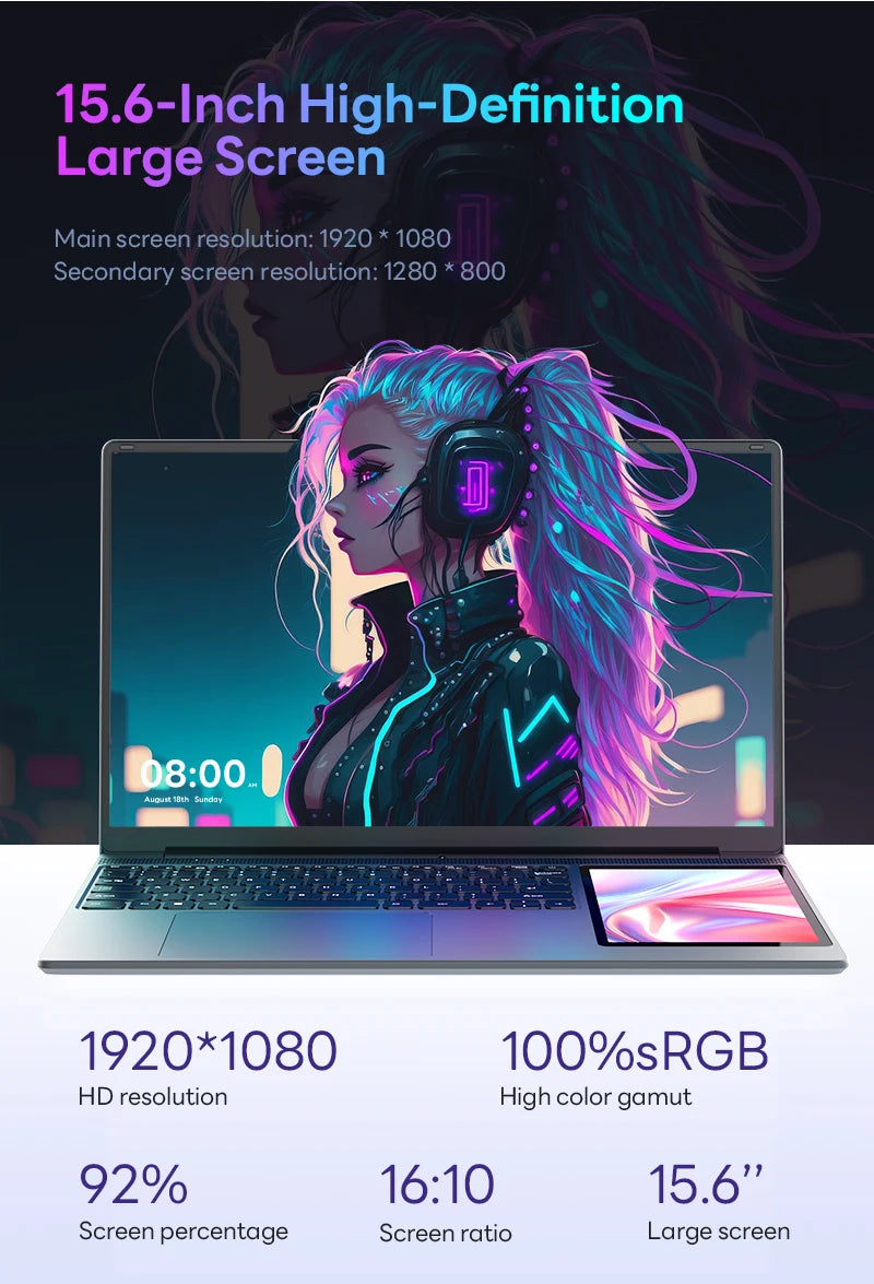 15.6"+7" Dual Screen Laptop Intel Celeron N100 32GB 16GB DDR4 RGB Backlit Keyboard Computer Notebook Laptops Touch Screen