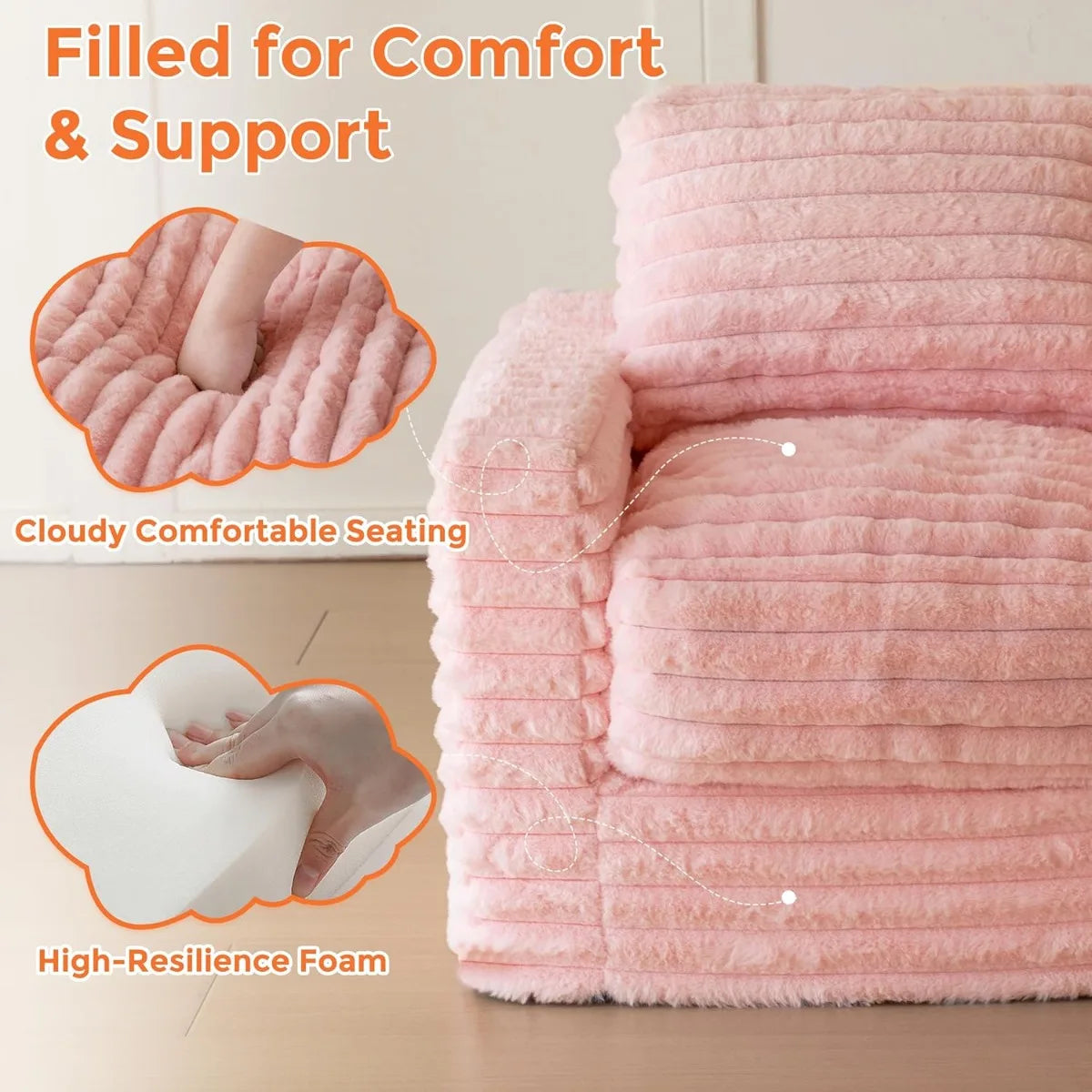 Kids Bean Bag Chair, Comfy Faux Fur Bean Bag Sofa with Filler, Upholstered Floor Sofa with Pillows and Armrests, Lazy Floor Chai