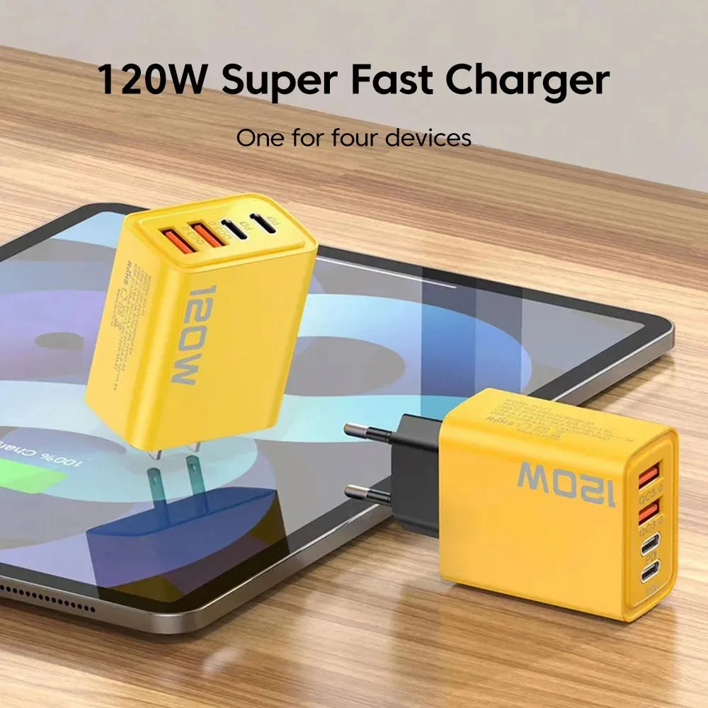 Total 120W USB Fast Charger 4 Ports PD Type C Quick Charge 3.0 Charger For iPhone 15 14 Samsung Xiaomi EU/US Plug Power Adapter