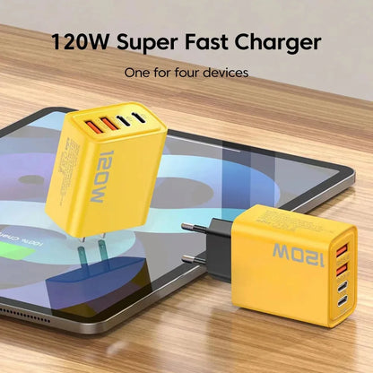 Total 120W USB Fast Charger 4 Ports PD Type C Quick Charge 3.0 Charger For iPhone 15 14 Samsung Xiaomi EU/US Plug Power Adapter