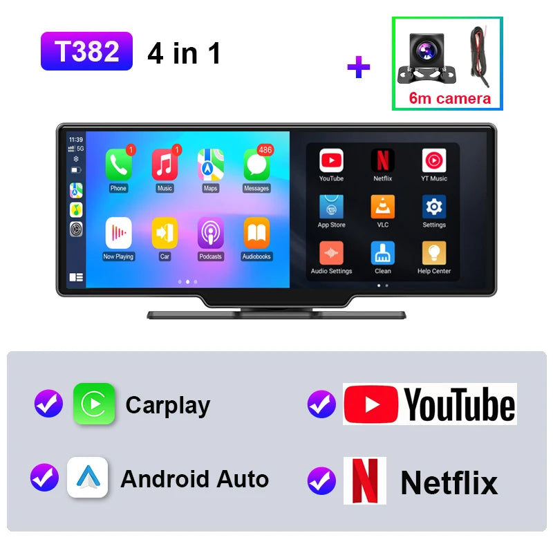 JMCQ Universal 10.26" Android WIFI Car Multimedia Player Bluetooth Wireless Carplay auto Monitor Screen for YouTube for Netflix