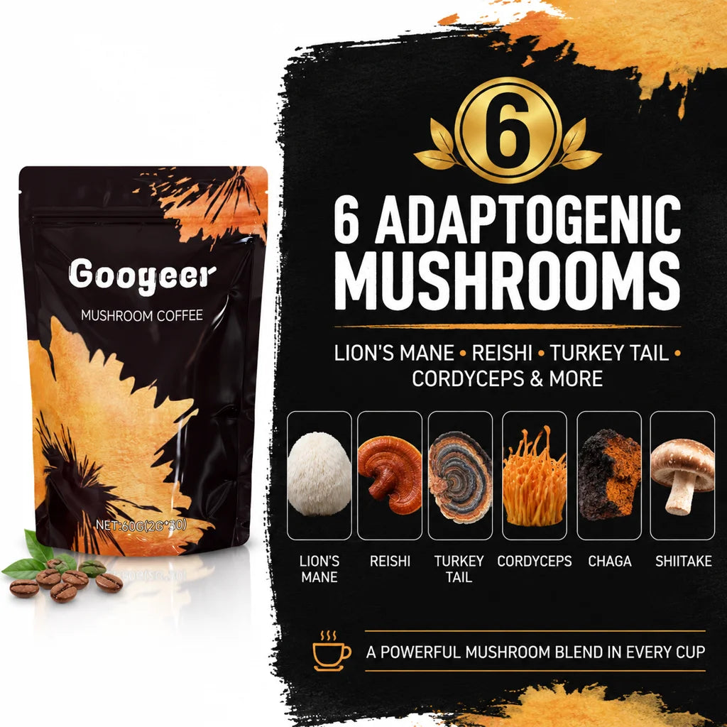 Organic Mushroom Coffee Powder with 6 Adaptogenic Mushrooms & MCT Oil – Instant Coffee Blend for Energy, Focus, Digestion & Immune Support 60g