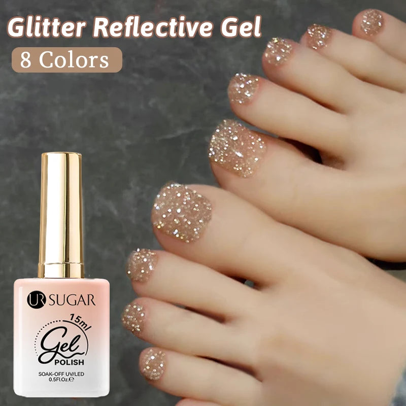 UR SUGAR 15ml Champagne Gold Reflective Glitter Gel Nail Polish Soak Off  Semi Permanent UV Gel Varnish For Summer Manicure Nail