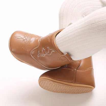 Leather Western Boots Cowboy Bootie Soft Sole Non-Slip Crib Shoes for Baby Infant Toddler Girls Boys Newborn