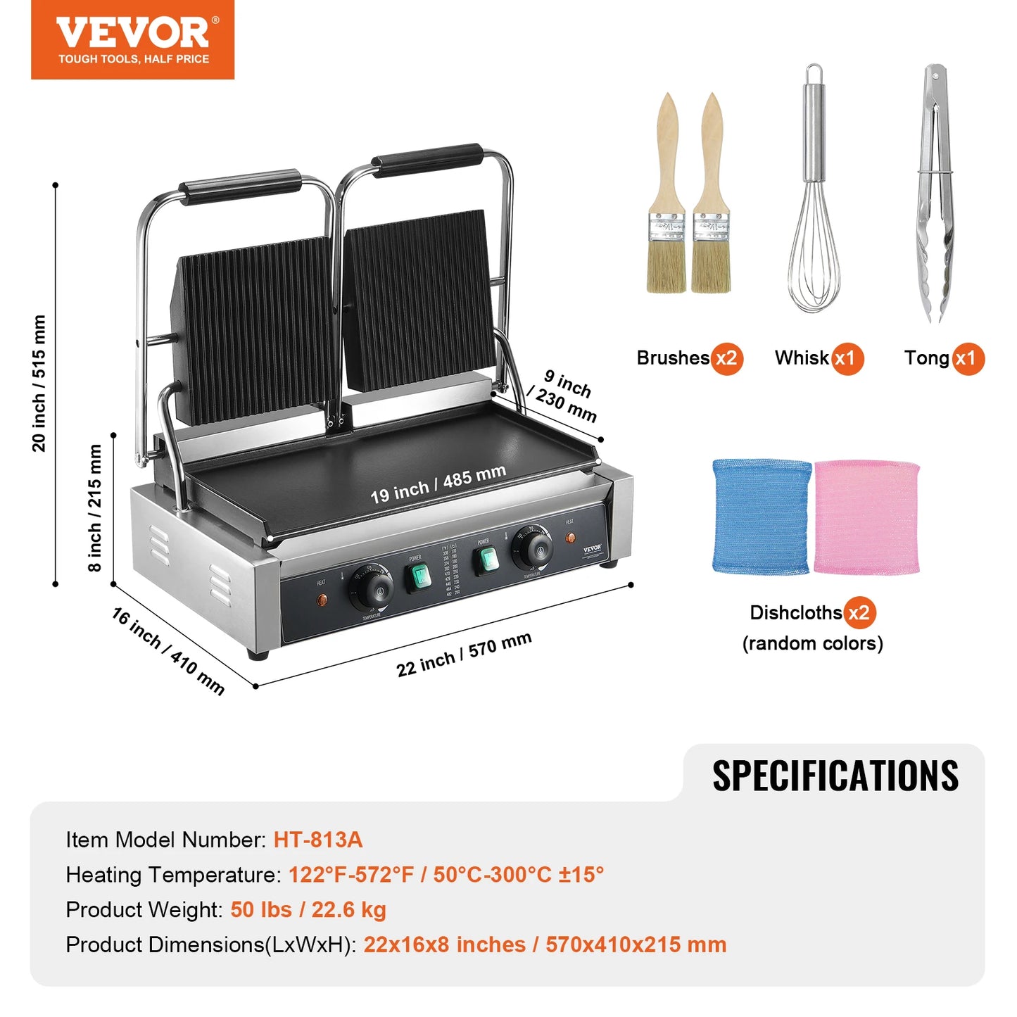 VEVOR Commercial Panini Grill 3600W Electric Sandwich Panini Maker with Temp Control And 19"x9" for Hamburger Steak Bacon 110V