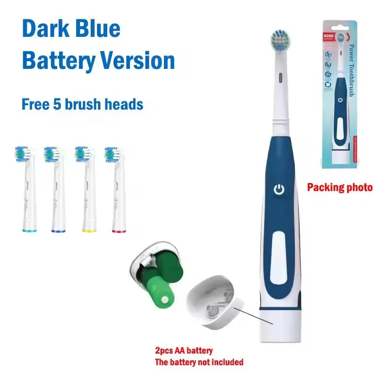 Adult Soft Bristle Electric Toothbrush - Battery Powered Teeth Whitening Gum Care with Rounded Vibrating Heads